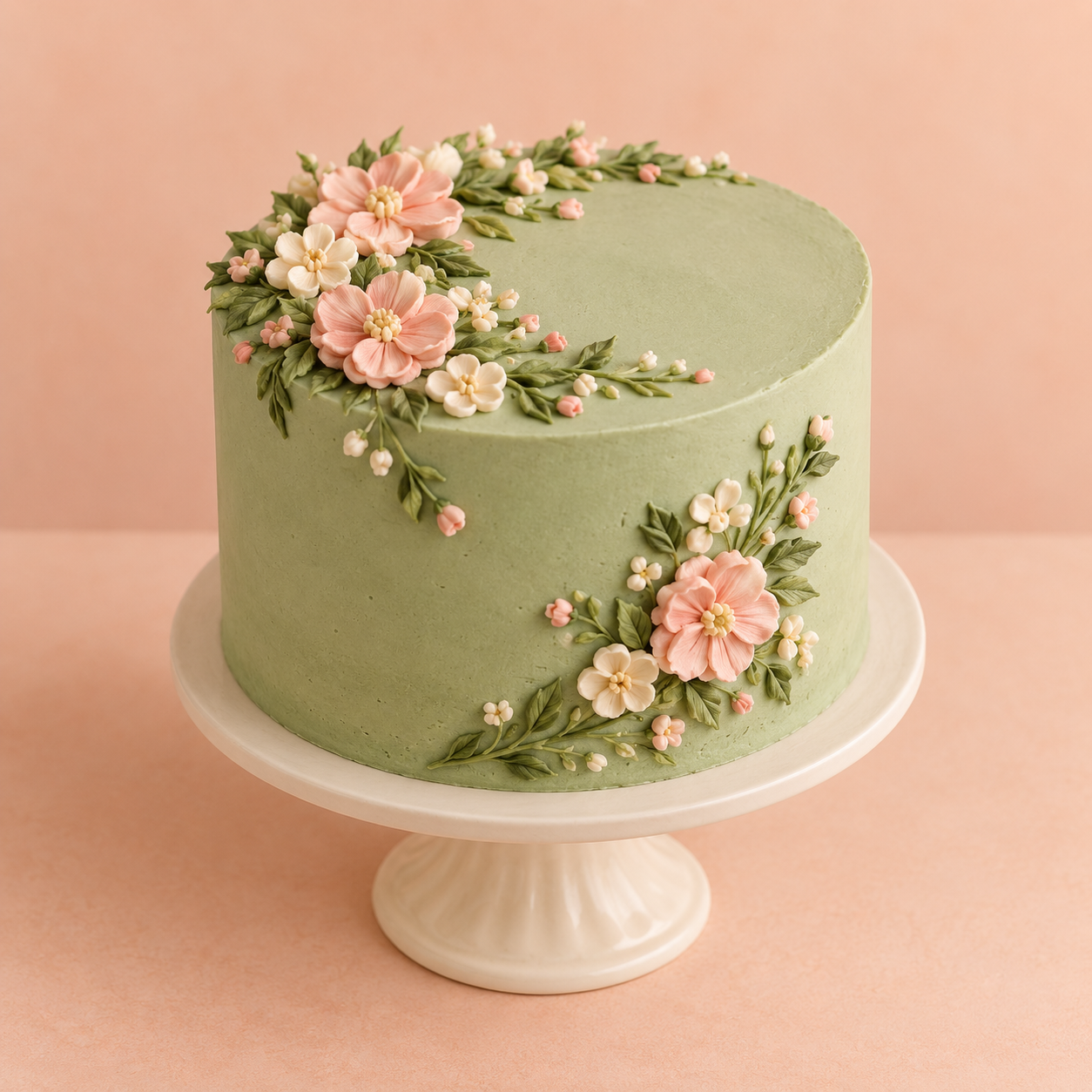 Sage green cake decorated with delicate peach and cream buttercream flowers