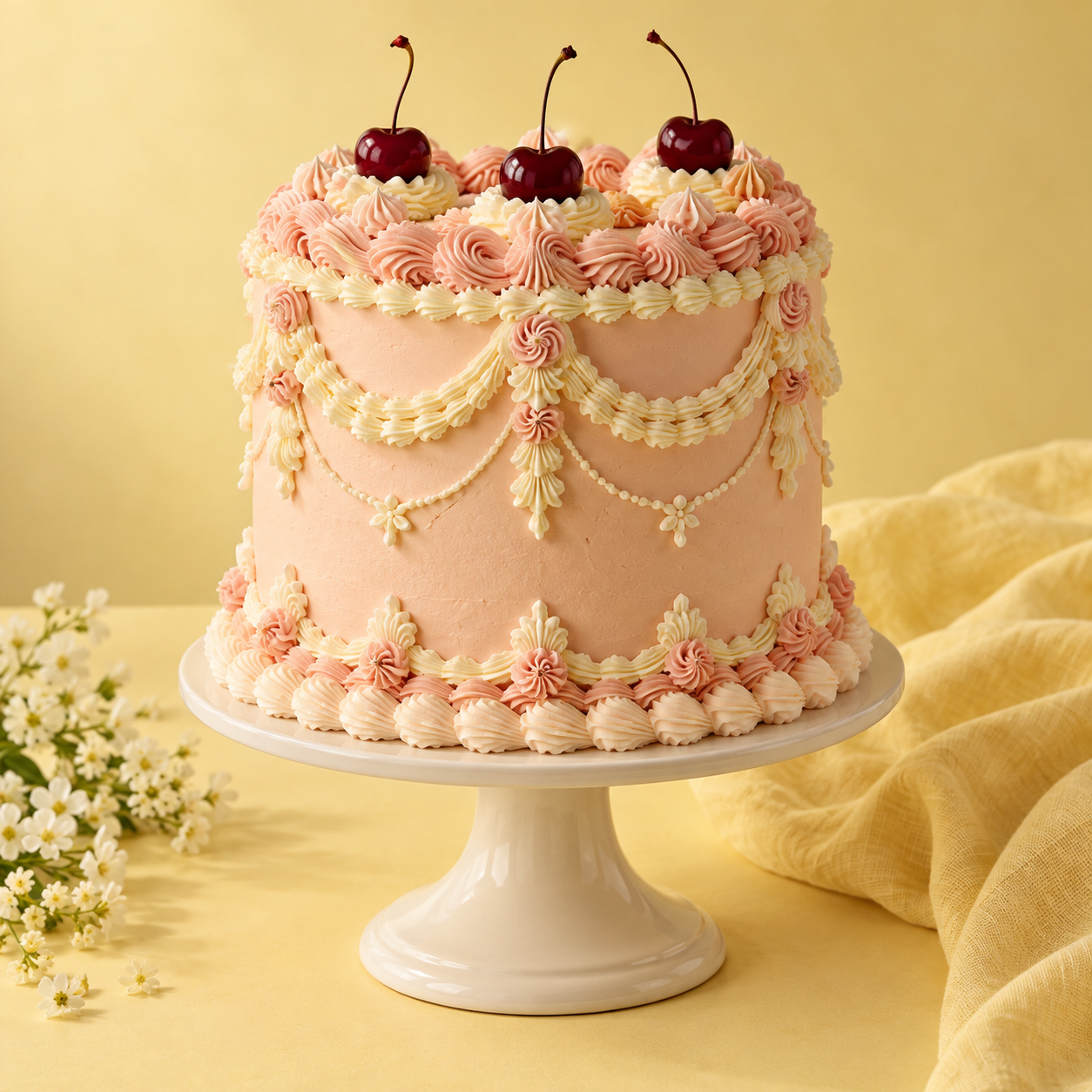 Peach pink vintage cake with buttercream piping and cherries on a cream pedestal